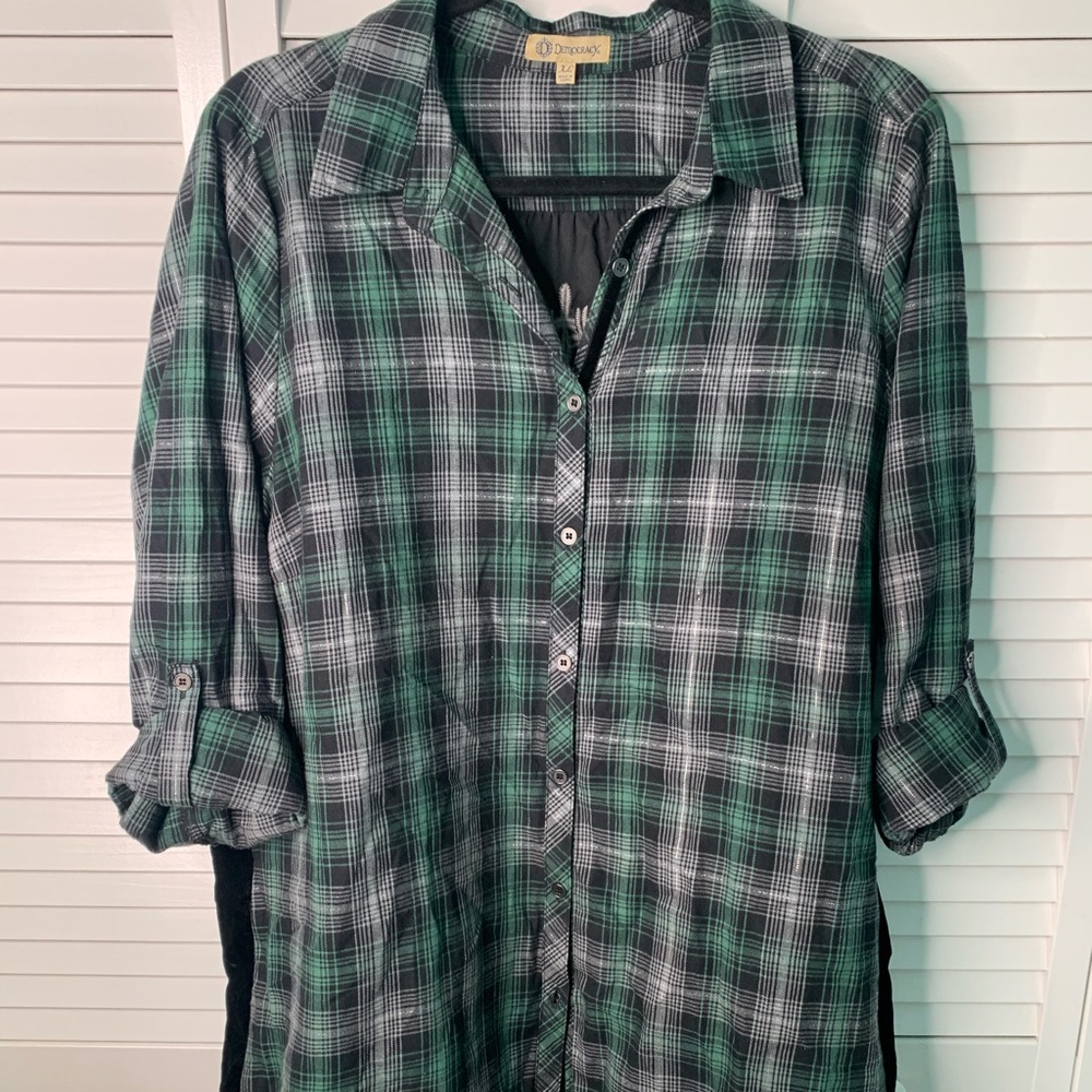 DEMOCRACY XL Green Plaid Button Up Velour  R205